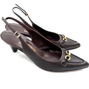 Salvatore Ferragamo Acribia Slingback Kitten Heels Chocolate Brown Gold 7.5